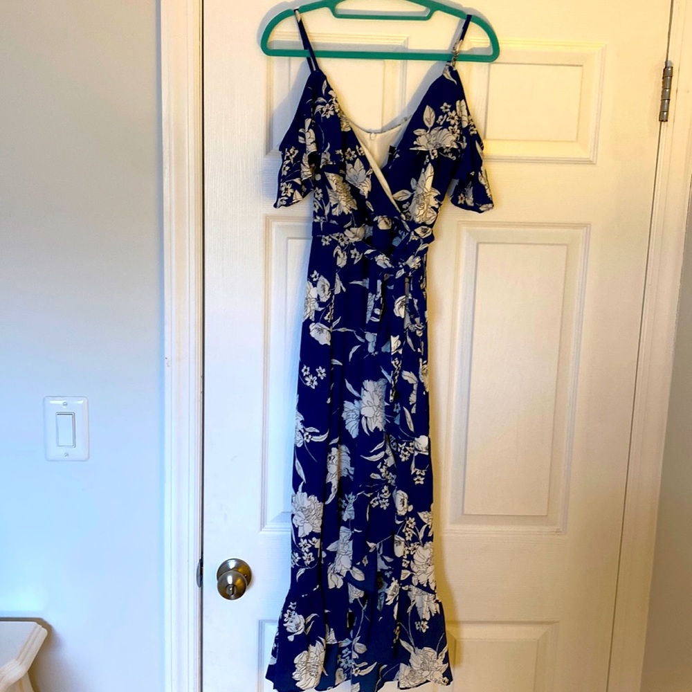 Aqua Blue & White Floral Cold Shoulder Dress – Size XS
